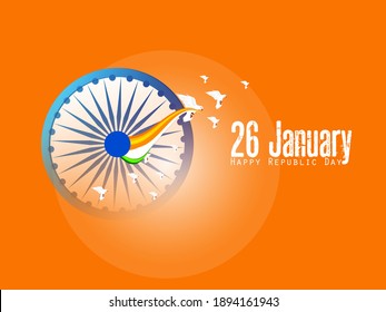 Happy Republic Day celebration with Ashoka Wheel and national flag with dove flying on glossy orange background.