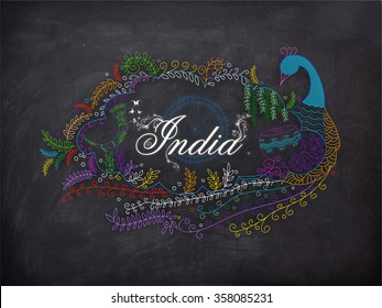 Happy Republic Day celebration with creative illustration of Indian National Bird, Peacock made by beautiful floral design and stylish text India on Ashoka Wheel decorated chalkboard background.