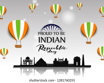 Happy Republic Day celebration poster, or greeting card design, background with text 26 January, Ashoka Wheel on indian flag, - Vector