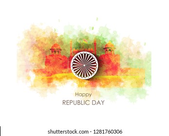 Happy Republic Day celebration poster, or greeting card design, background with text 26 January, Ashoka Wheel on indian flag, - Vector