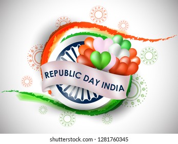 Happy Republic Day celebration poster, or greeting card design, background with text 26 January, Ashoka Wheel on indian flag, - Vector