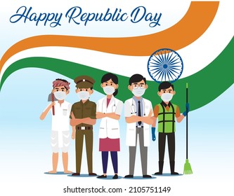 Happy Republic Day Celebration Poster , India, Covid-19 Coronavirus, Frontline Warriors, Healthcare Workers, Indian Flag