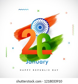 Happy Republic Day celebration template or greeting card design with text 26 January, Ashoka Wheel on indian flag color background.