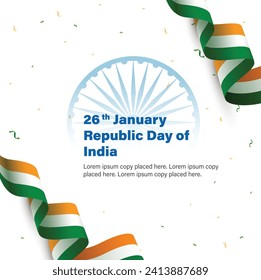 Happy Republic Day celebrations with 26th January india, tricolor, with white background and ashok chakra, vector illustration design