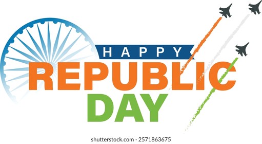 Happy Republic Day celebrations in 26th January india, tricolor text vector illustration design with jet fighter
