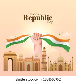 Happy Republic Day Concept With Hand Holding Tricolor Ribbon And India Famous Monuments On Peach Background.