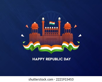 Happy Republic Day Concept With Red Fort Monument And Tricolor Ribbon On Blue Brush Stroke Texture Background.