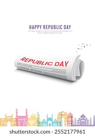 Concepto creativo del día de República feliz. 26 de enero: Celebración del Día de la República India. Tarjeta de felicitación, Ilustración vectorial 3d.
