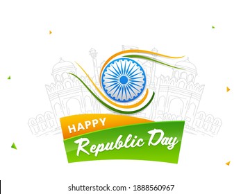 Happy Republic Day Font With Ashoka Wheel And Sketching Red Fort Monument On White Background.