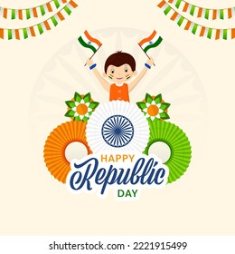 Happy Republic Day Font With Tricolor Paper Accordion Badge, Flowers And Boy Holding India Flags On Beige Ashoka Wheel Background.