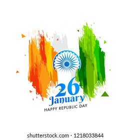 Happy Republic Day greeting card design with Indian Flag color brush stroke on white background.