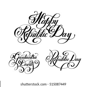 Happy Republic Day handwritten ink lettering set inscriptions for indian winter holiday 26 January, calligraphy collection vector illustration