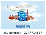 Happy Republic Day with heavenly theme for 26th January. Republic Day concept with Indian National monuments. The Constitution of India came into force on 26 January 1950.