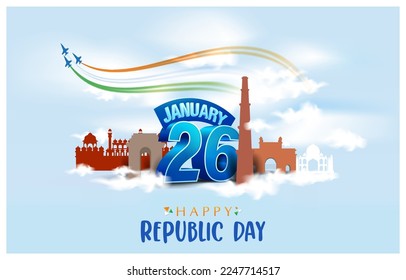 Happy Republic Day with heavenly theme for 26th January. Republic Day concept with Indian National monuments. The Constitution of India came into force on 26 January 1950.