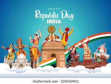 Happy Republic Day India 15th august. Indian monument and Landmark with background , poster, card, banner. vector illustration design