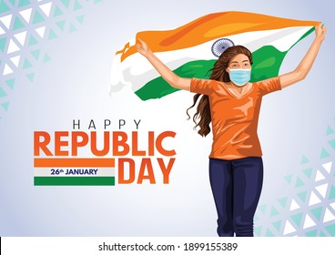 happy Republic day India 26th January .girl running with Indian flag. vector illustration design. greeting card. covid-19, corona virus concept.