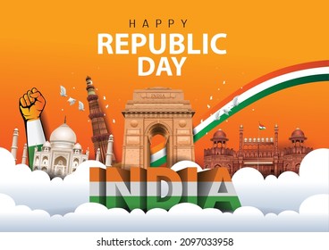 Happy republic day India 26th January. Indian monument and Landmark with background , poster, card, banner. vector illustration design