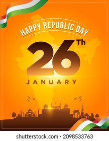 Happy Republic Day of India, 26th January,  vector background, greeting card design, flag and Red Fort, India gate, Taj Mahal, concept etc.