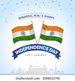 Happy Republic Day of India, 26th January,  vector background, greeting card design, flag and Red Fort, India gate, Taj Mahal, concept etc.