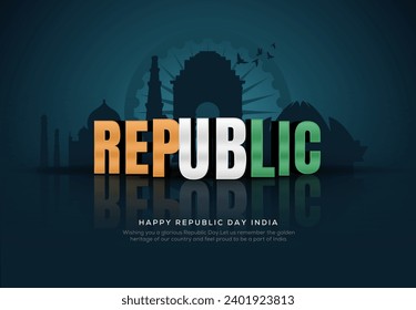 Feliz día de la república India 26 de enero. Monumento y monumento indio con fondo oscuro, afiche, tarjeta, cartel. diseño de ilustración vectorial