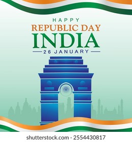 Happy Republic Day India background with India Gate, Ashoka Chakra, tricolor wave design, and silhouette of Indian landmarks.