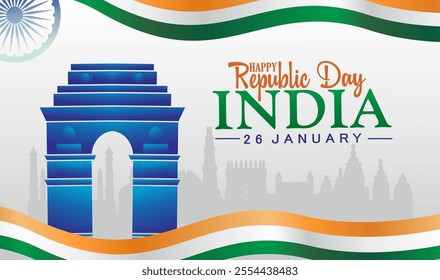 Happy Republic Day India background with India Gate, Ashoka Chakra, tricolor wave design, and Indian landmarks. Vector illustration for 26 January celebration.