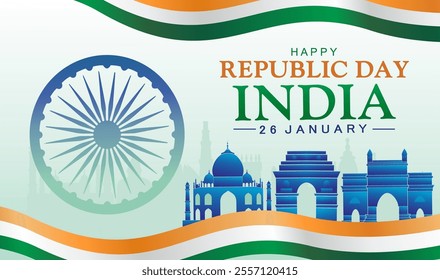 Happy Republic Day India background with Indian landmarks, Ashoka Chakra, map of India, and tricolor wave design. Vector illustration for 26 January celebration.