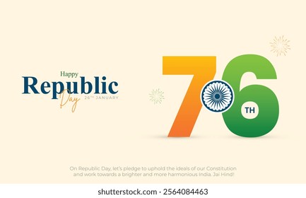 Happy Republic Day of India Banner Design. 26 January - 76th Republic Day India Celebration with Text and Ashoka Chakra Vector Illustration