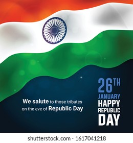 Happy Republic Day of India celebration 26 January text with India famous monuments and Indian flag on background for Happy Republic Day poster design.