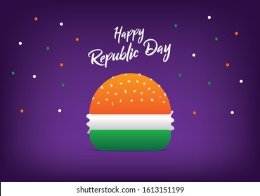 Happy Republic Day India. Colorful Burger Symbol Of Indian National Flag Concept Of Independence Victory & Republic Day For Food Brand.