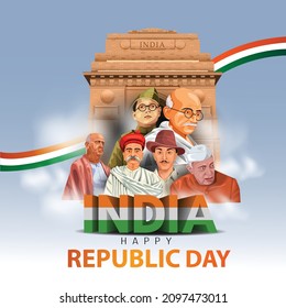 feliz día de la república en India. luchadores por la libertad con diseño de ilustración vectorial de portada de la India