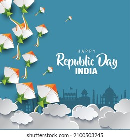 happy republic day india with group of colorful kites flying cloudy sky. vector illustration design.