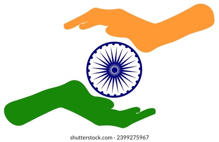 Happy republic day of India illustration vector ,flat style. Hands green and orange with the Ashoka Chakra ,India independence day card or banner celebration