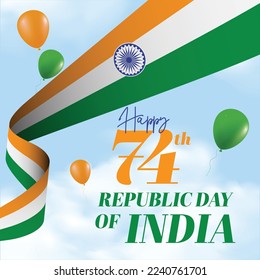 happy republic day of india. indian flag flying in sky with tri color balloons