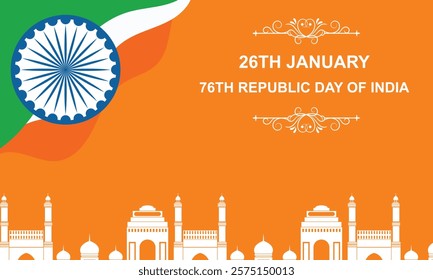 Happy Republic Day of India. monument and  famous Indian Landmarks with Ashoka Chakra. 26th January, 15th of august. Indian Republic Day Celebration with Text. 