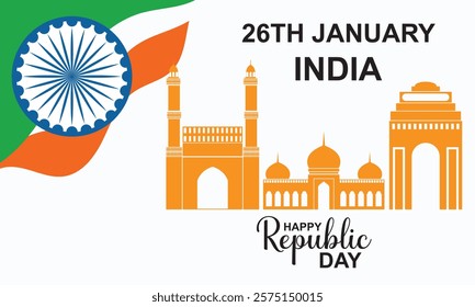 Happy Republic Day of India. monument and  famous Indian Landmarks with Ashoka Chakra. 26th January, 15th of august. Indian Republic Day Celebration with Text. 