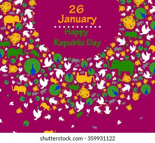 Happy Republic Day of India with national bird and animal in vector background