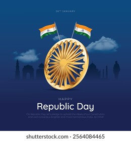 Happy Republic Day India Post and Greeting Card. 26 January - Indian Republic Day Celebration Creative Poster with Text and Golden Ashoka Chakra Vector Illustration