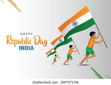 happy republic day India poster, a boy running with Indian flag. vector illustration design