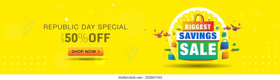 Happy Republic Day of India sale banner and logotype. 50% off on Shopping. Vector illustration