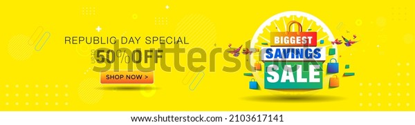 Happy Republic Day of India\
sale banner and logotype. 50% off on Shopping. Vector\
illustration