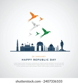 Happy Republic Day India Social Media Post and Flyer Template. 26 January - Indian Republic Day Celebration Greeting Card with Text. Tricolor Origami Birds Flying and Famous Indian Landmarks