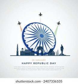 Happy Republic Day India Social Media Post and Flyer Template. 26 January - Indian Republic Day Celebration Greeting Card with Text. Ashoka Chakra with Jet and Famous Indian Landmarks 