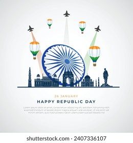 Happy Republic Day India Social Media Post and Flyer Template. 26 de enero - Tarjeta de felicitación por la celebración del Día de la República India con texto. Globos de aire caliente Jet and Tricolor 