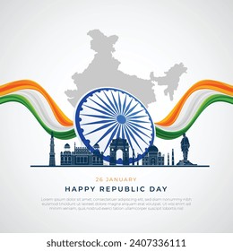 Happy Republic Day India Social Media Post and Flyer Template. 26 January - Indian Republic Day Celebration Greeting Card with Text. 