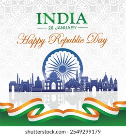 Feliz Dia da República Índia Social Media Post e modelo de folheto. 26 de janeiro - Cartão comemorativo do Dia da República Indiana com Origami Tricolor e famosos monumentos indianos Skyline Silhouette Design.