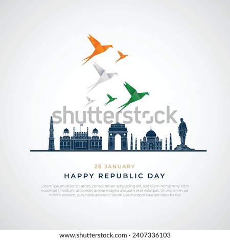 Happy Republic Day India Social Media Post and Flyer Template. 26 January - Indian Republic Day Celebration Greeting Card with Text. Tricolor Origami Birds Flying and Famous Indian Landmarks