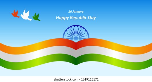 Happy Republic Day India with tricolor flag greeting vector graphic layout. 26th January template for brochure, flyer, poster, web, print media.