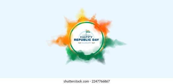 Happy Republic Day of India with Tricolor flag Background. Happy Republic Day Text with tricolor color explosion. Greeting card poster template banner design.