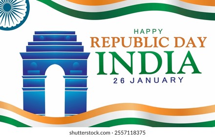 Happy Republic Day India. Vector background with India Gate, Ashoka Chakra, tricolor wave design. 26 January celebration.